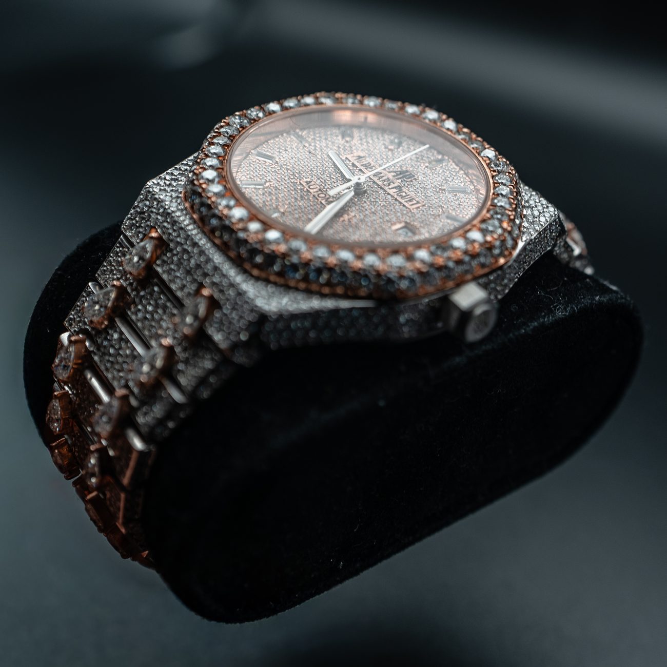 Audemars Piguet Royal Oak, fully diamond-set, on a display cushion