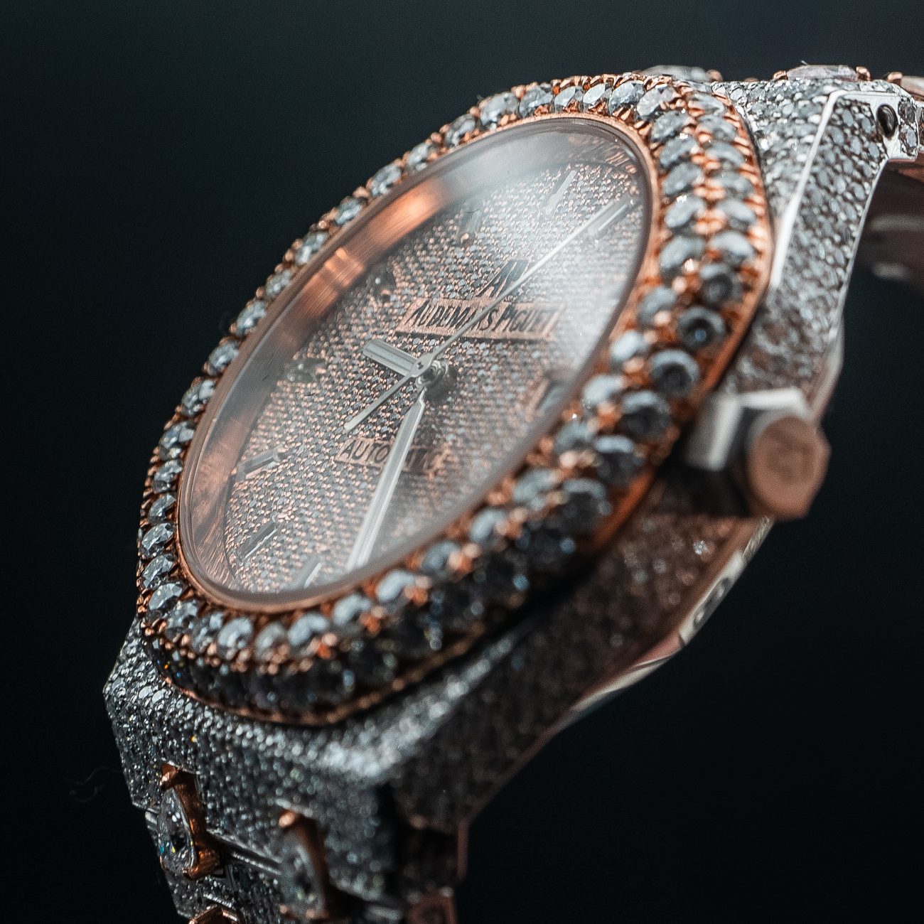 Audemars Piguet Royal Oak, diamond-set case and bezel, macro detail